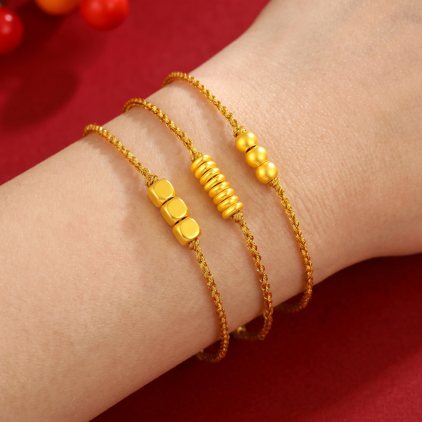 24K 999 Gold Minimal Minimalist Cube Bead Charm String Adjustable Bracelet