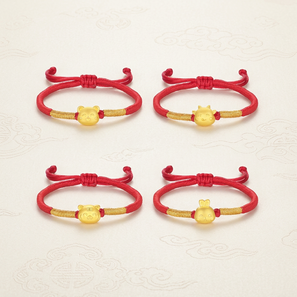 24K Hard Gold Chinese Zodiac Cute Animals Charm Braided Bracelet Baby Gift