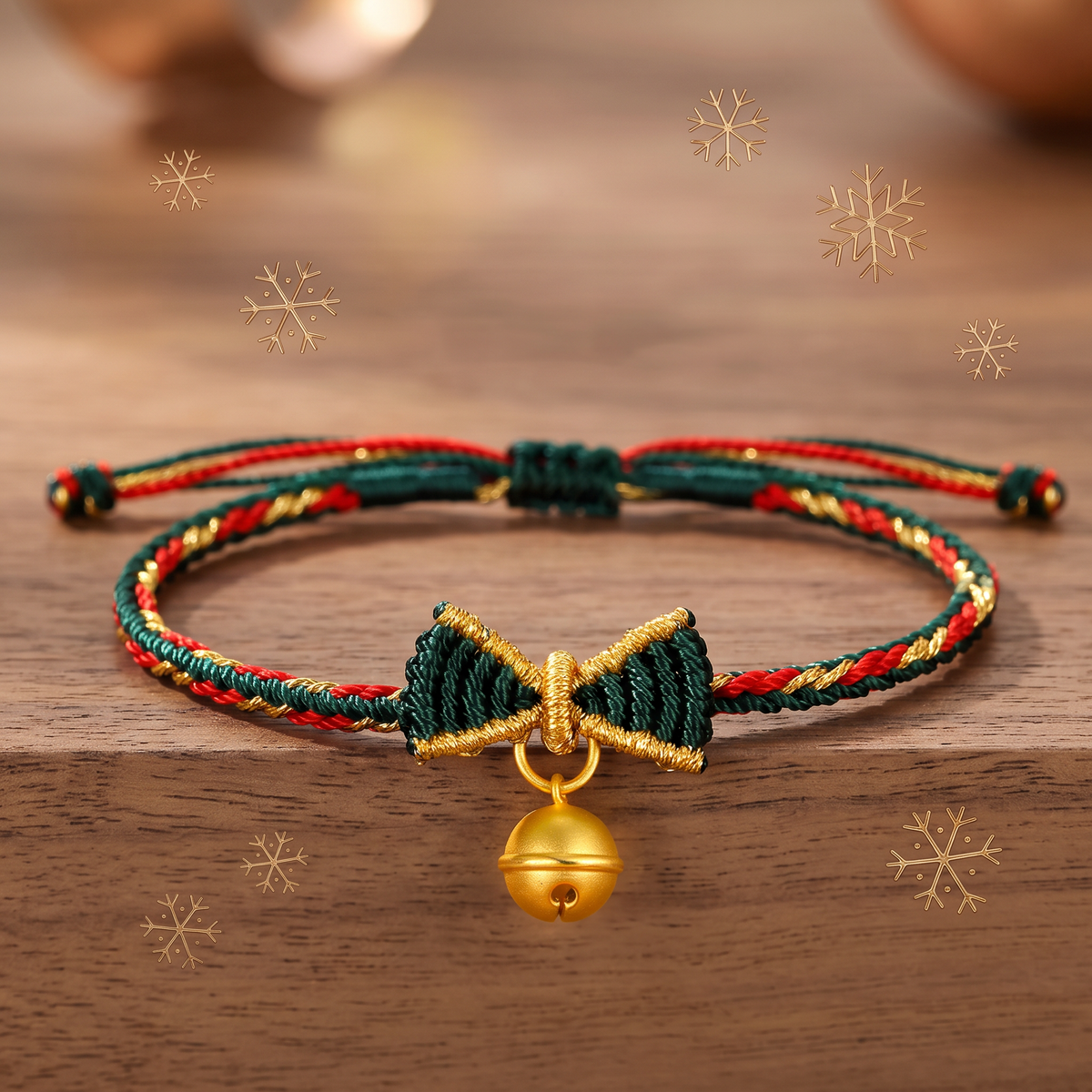 24k 999 Gold Bell Charm Bow Tie Christmas Woven Bracelet Holiday Festive Gift