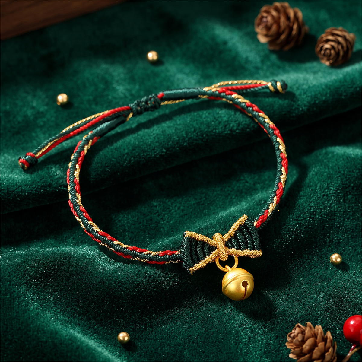 24k 999 Gold Bell Charm Bow Tie Christmas Woven Bracelet Holiday Festive Gift