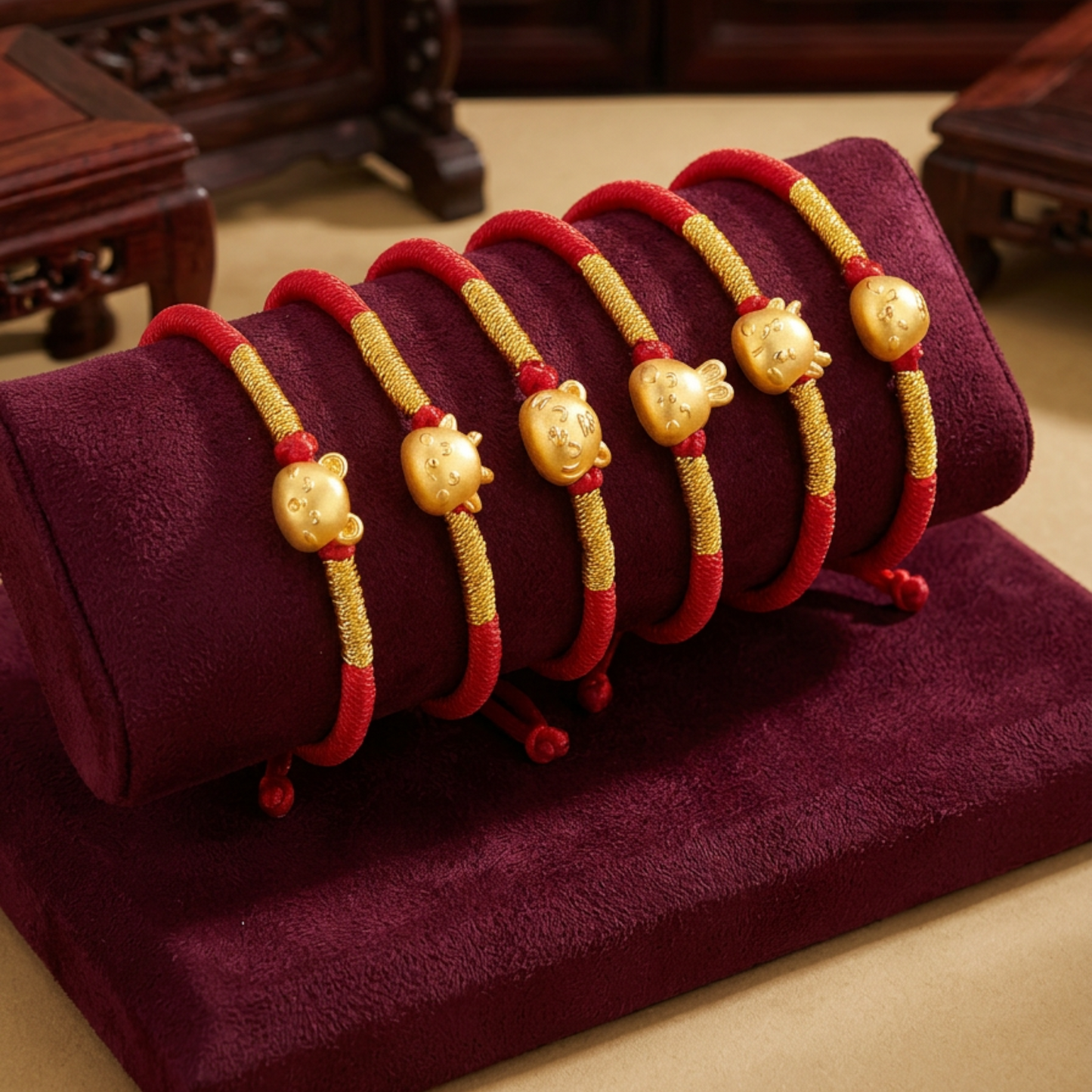 24K Hard Gold Chinese Zodiac Cute Animals Charm Braided Bracelet Baby Gift