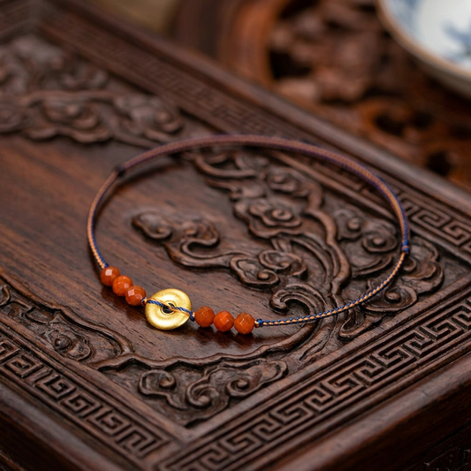 24K 999 Solid Gold Buckle Charm Agate Braided Ultra-thin Cord Adjustable Bracelet and Anklet