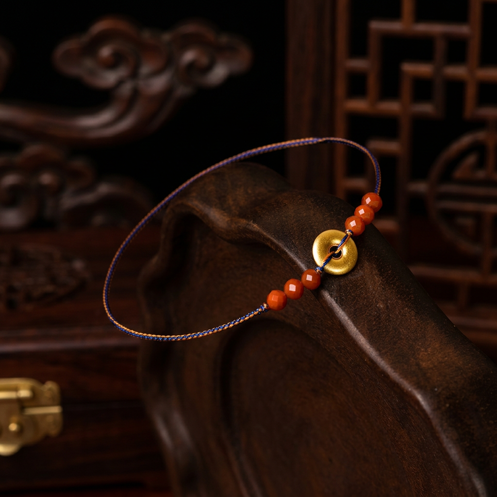 24K 999 Solid Gold Buckle Charm Agate Braided Ultra-thin Cord Adjustable Bracelet and Anklet