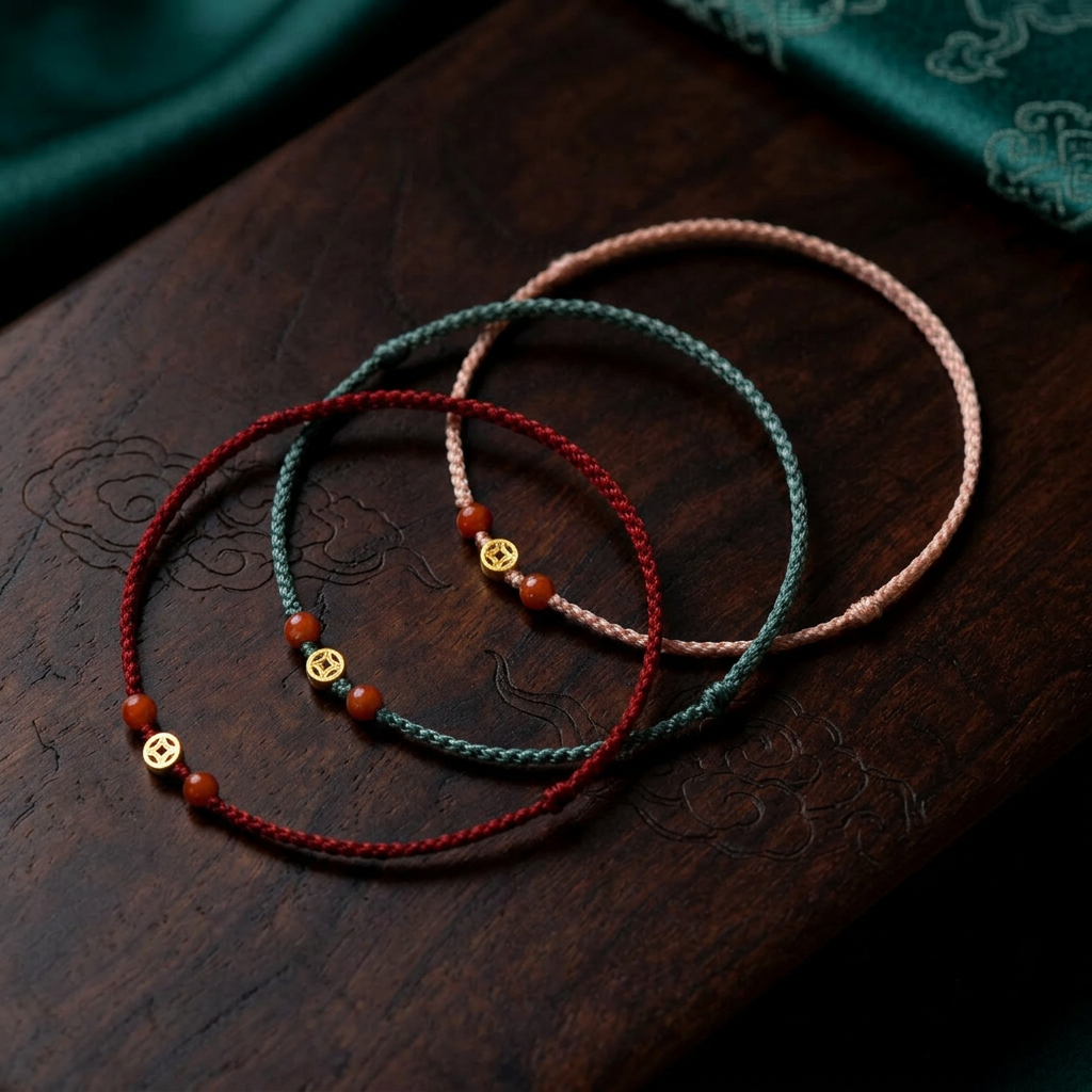 24K 999 Gold Chinese Lucky Coin Weaving Cord Adjustable Bracelet
