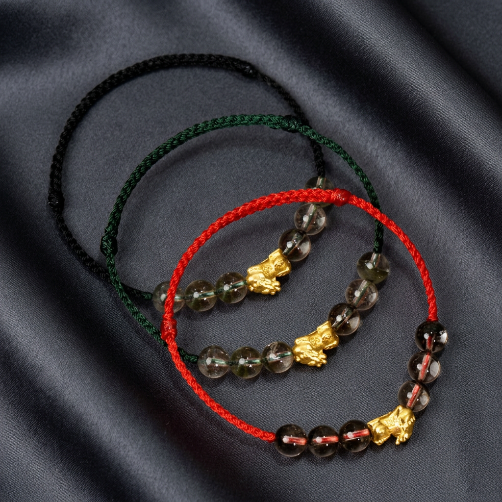 24K 999 Gold Pixiu Charm Natural Green Quartz Beaded Adjustable Cord Bracelet