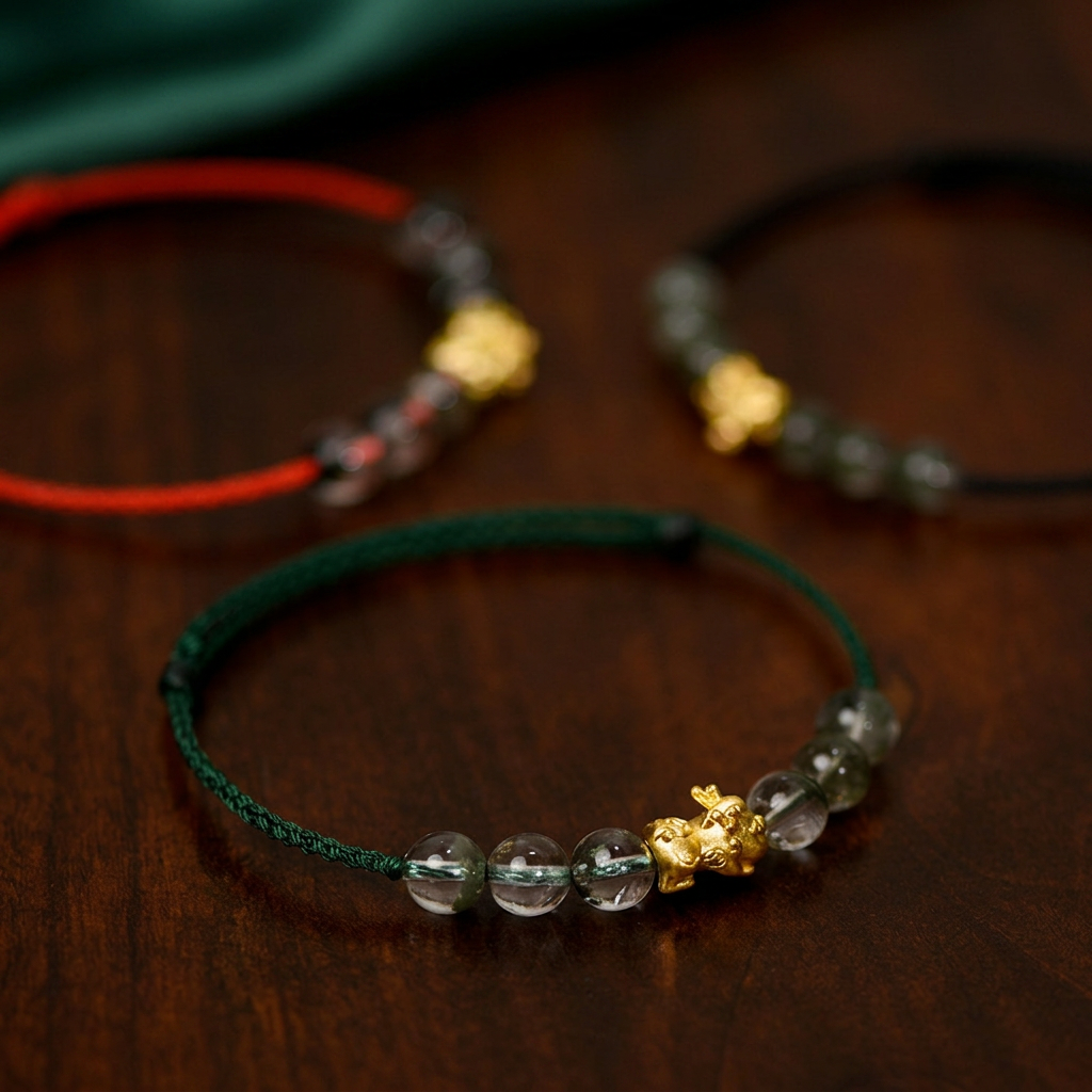 24K 999 Gold Pixiu Charm Natural Green Quartz Beaded Adjustable Cord Bracelet