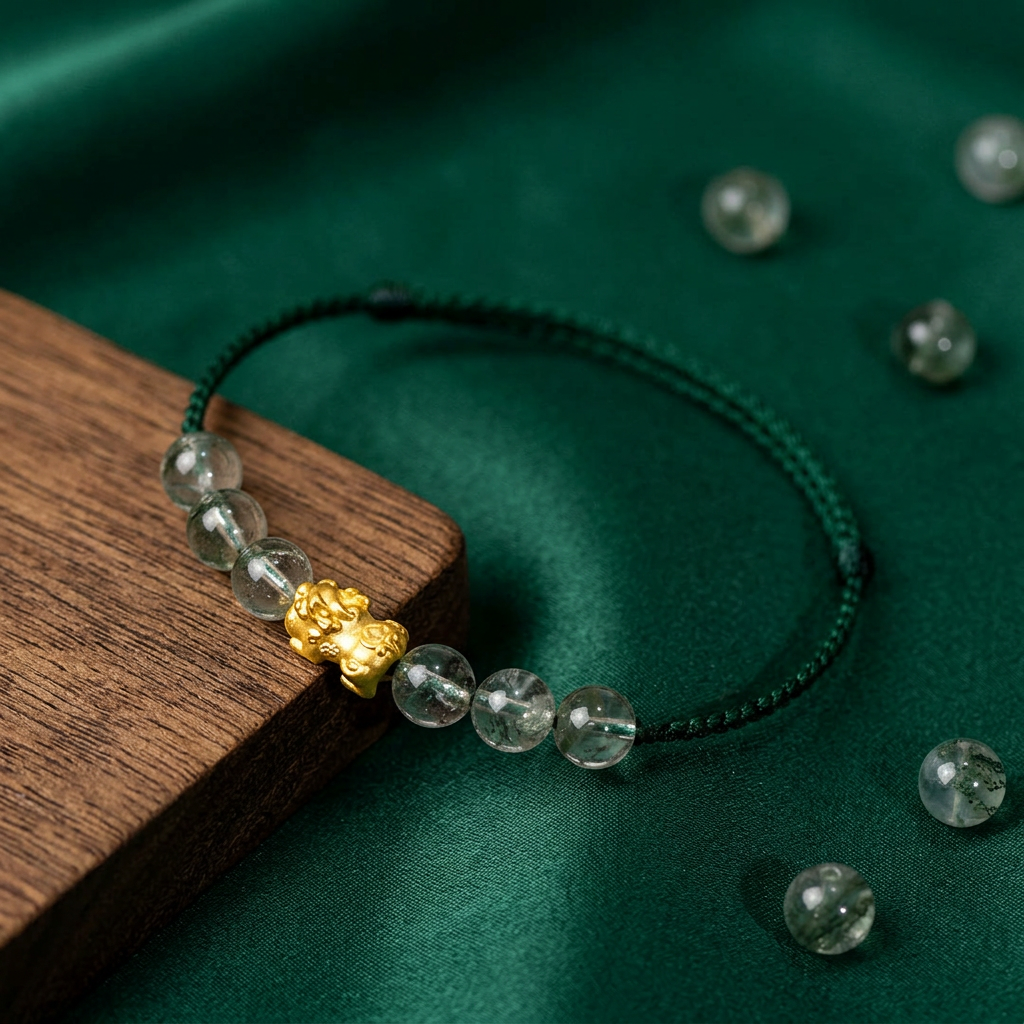 24K 999 Gold Pixiu Charm Natural Green Quartz Beaded Adjustable Cord Bracelet