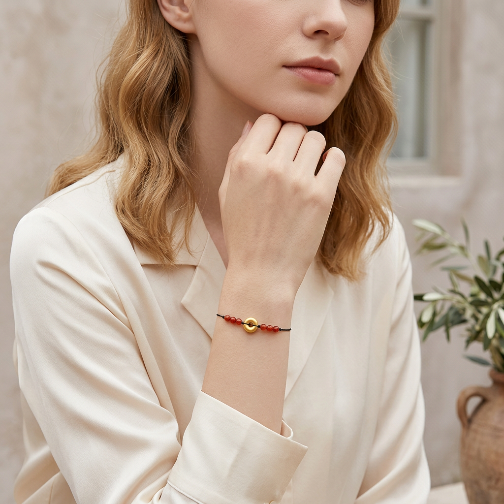 24K 999 Solid Gold Buckle Charm Agate Braided Ultra-thin Cord Adjustable Bracelet and Anklet