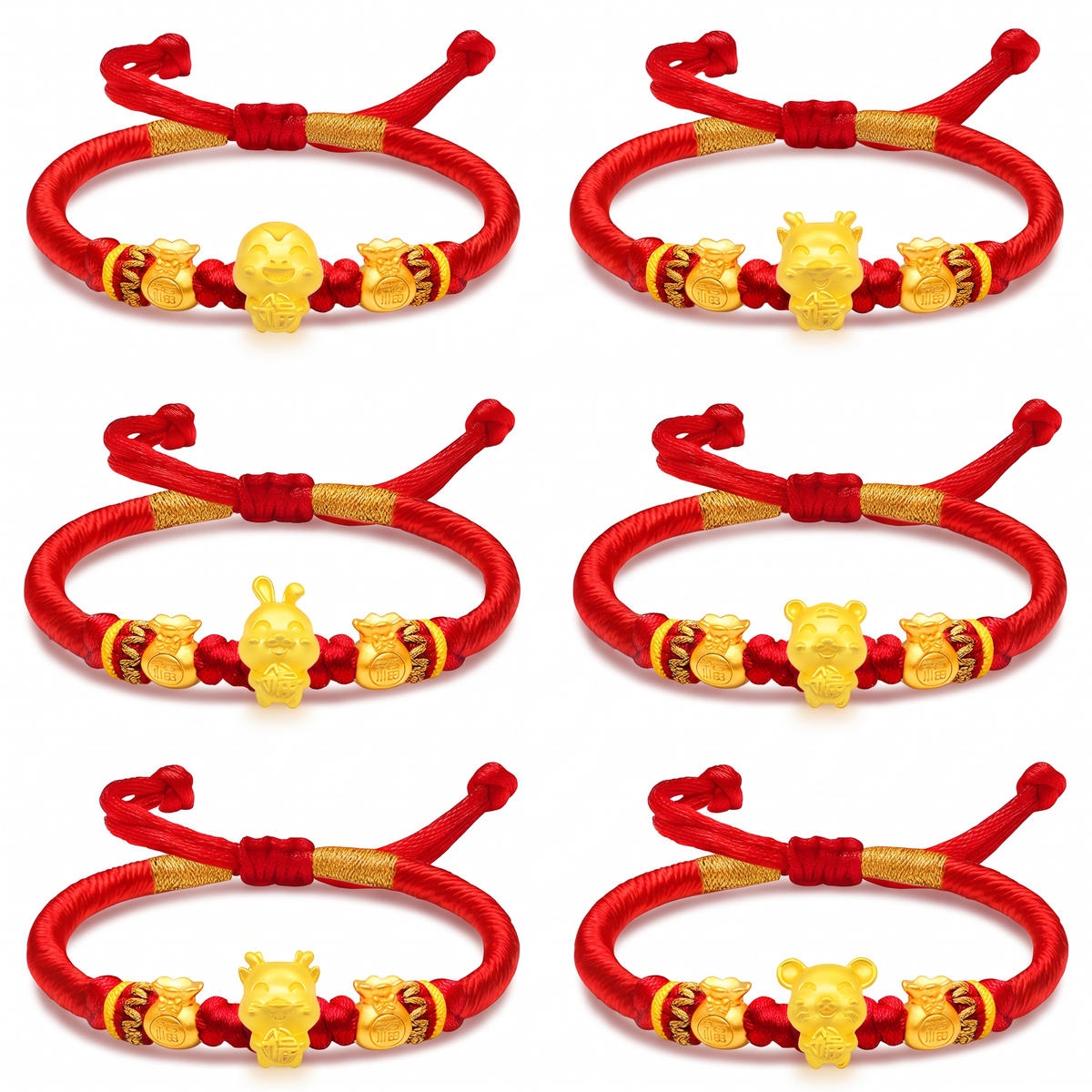 24K 999 Gold 12 Zodiac Horse Sheep Animal Charm Adjustable Woven Bracelet Babyshower Kid Birthday Gift