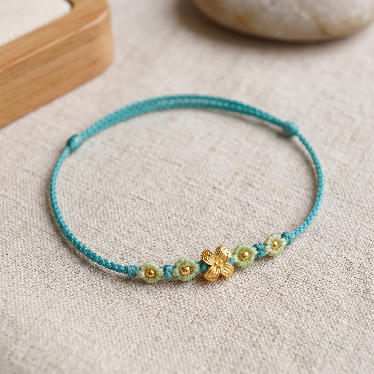 24K Fine Gold Colorful Flower Charm Ultra-Fine Adjustable Cord Bracelet