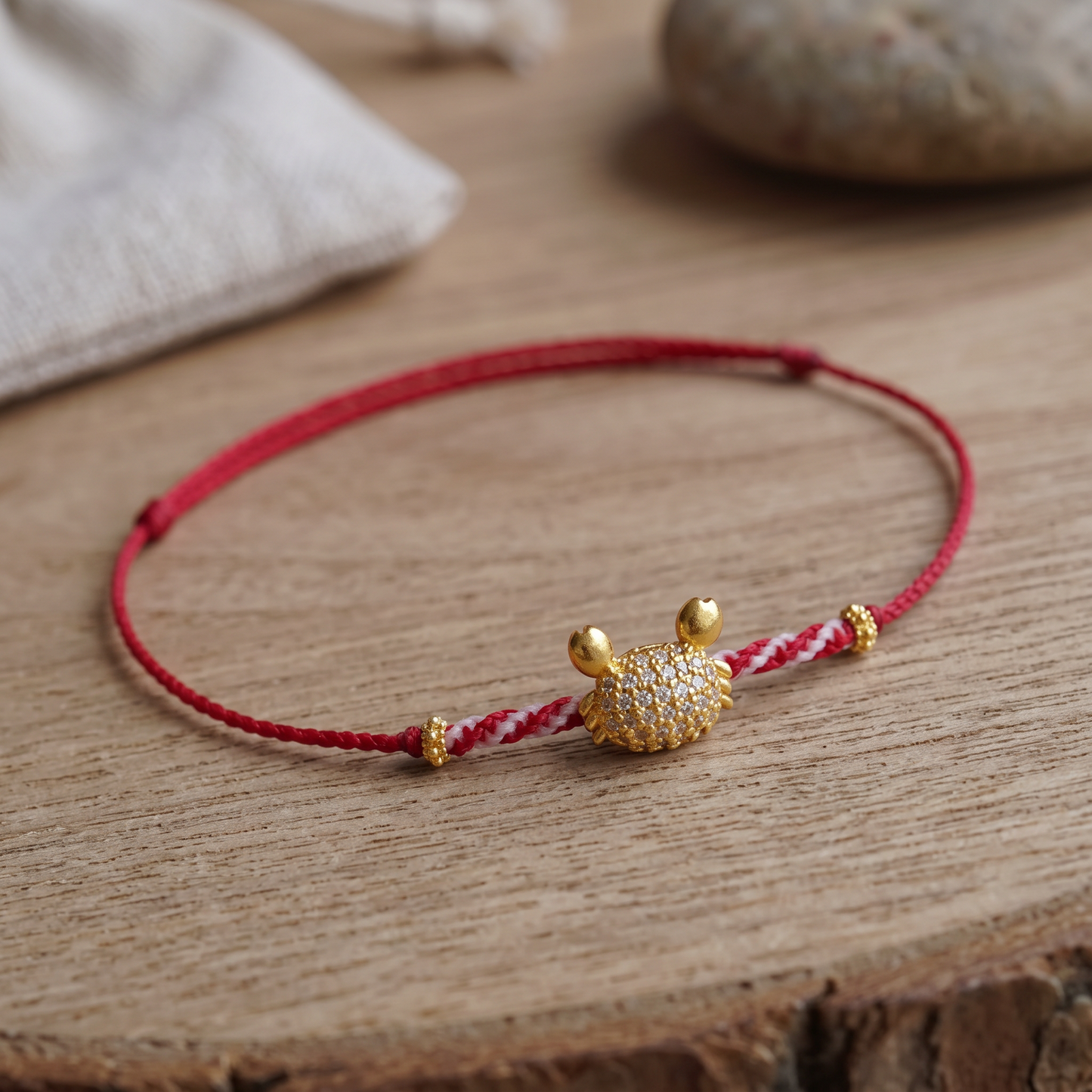 24K Gold Cute Crab Zircon Charm with Cord Braided Adjustable Bracelet