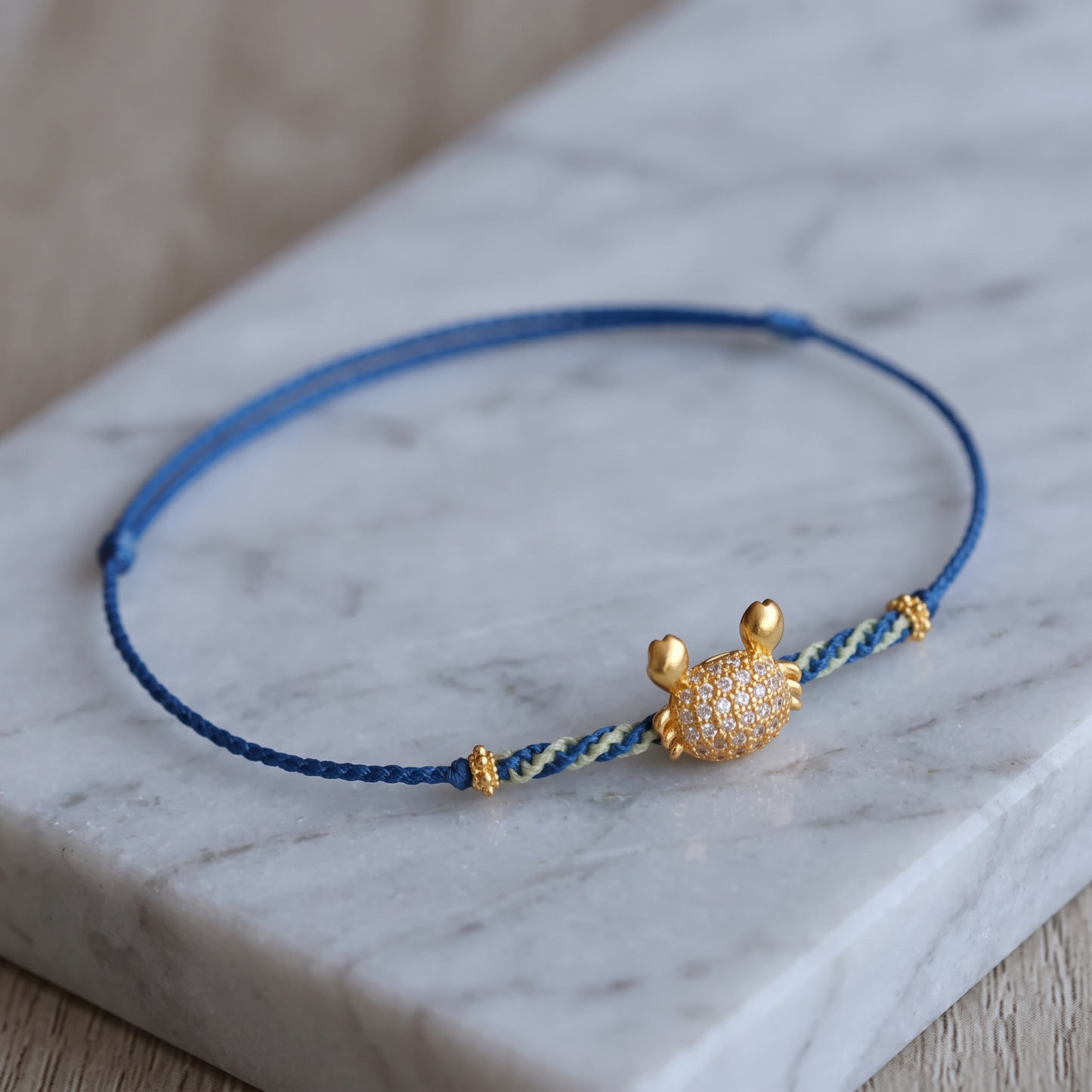 24K Gold Cute Crab Zircon Charm with Cord Braided Adjustable Bracelet