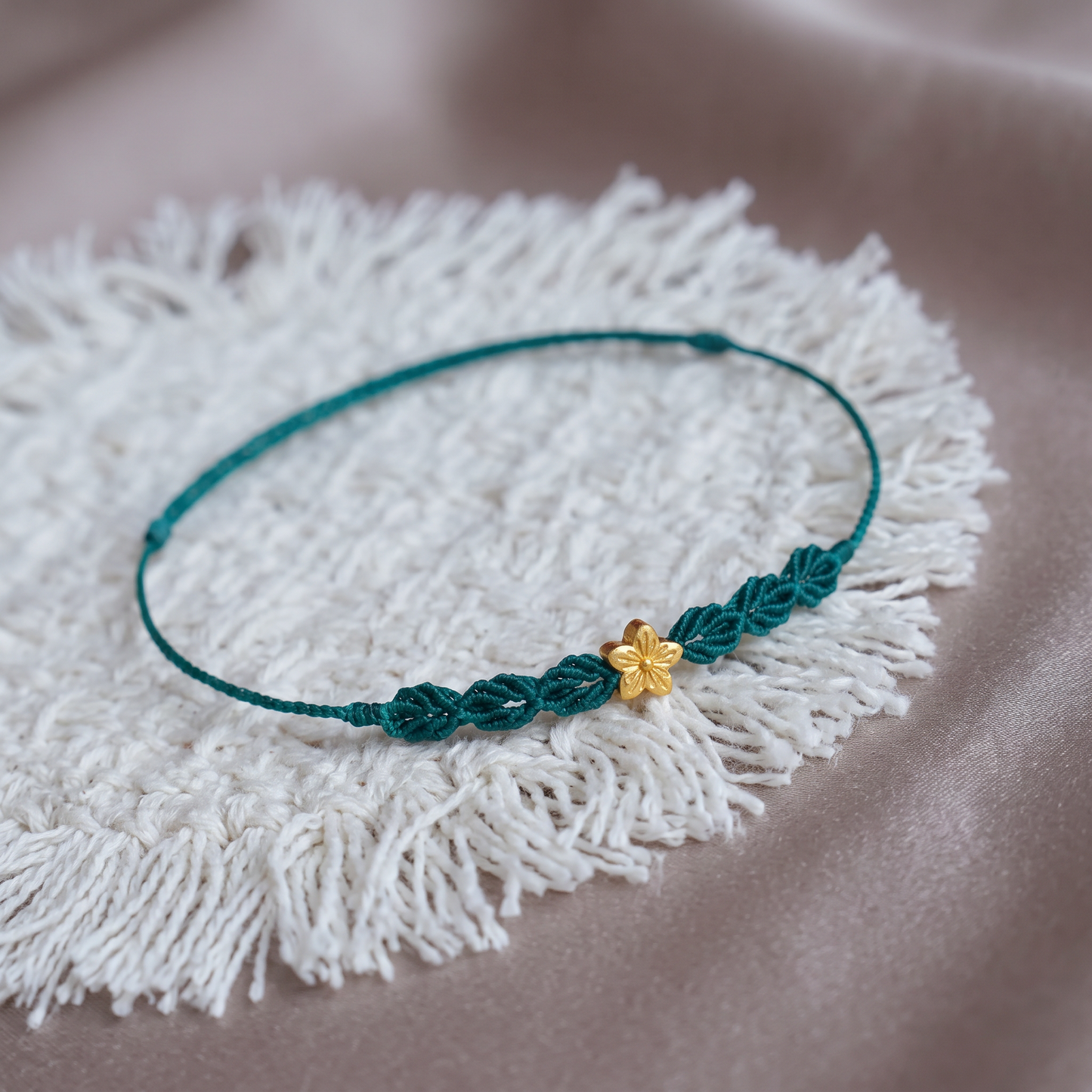 24K Fine Gold Flower Charm Ultra-Fine Adjustable Cord Bracelet