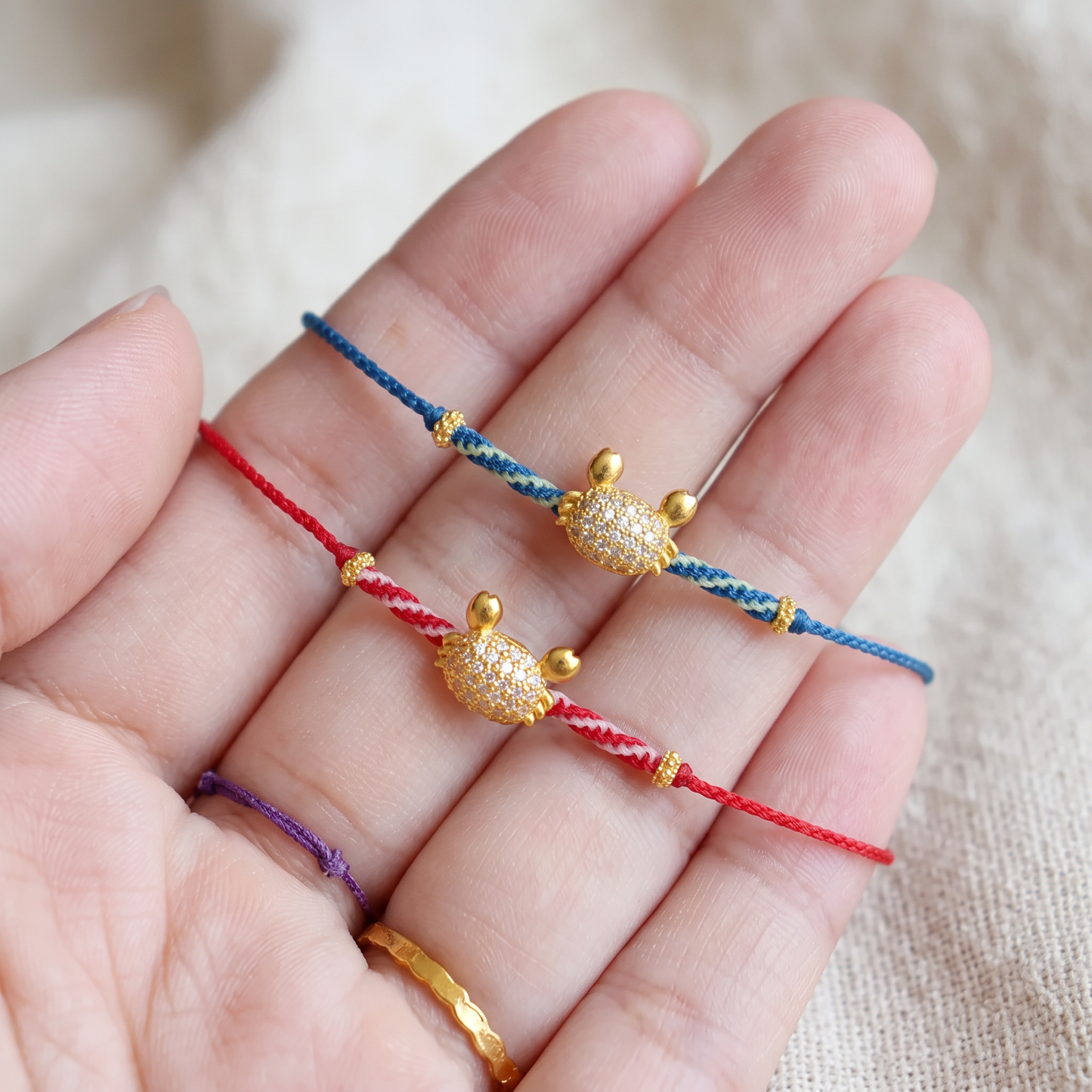 24K Gold Cute Crab Zircon Charm with Cord Braided Adjustable Bracelet
