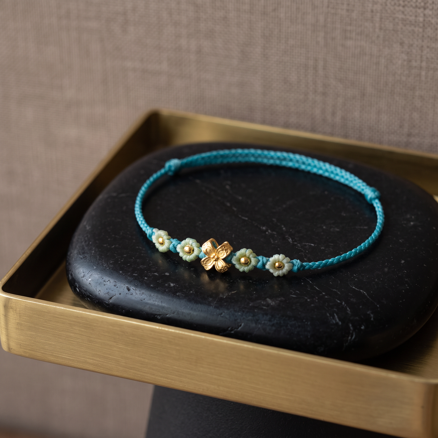 24K Fine Gold Colorful Flower Charm Ultra-Fine Adjustable Cord Bracelet