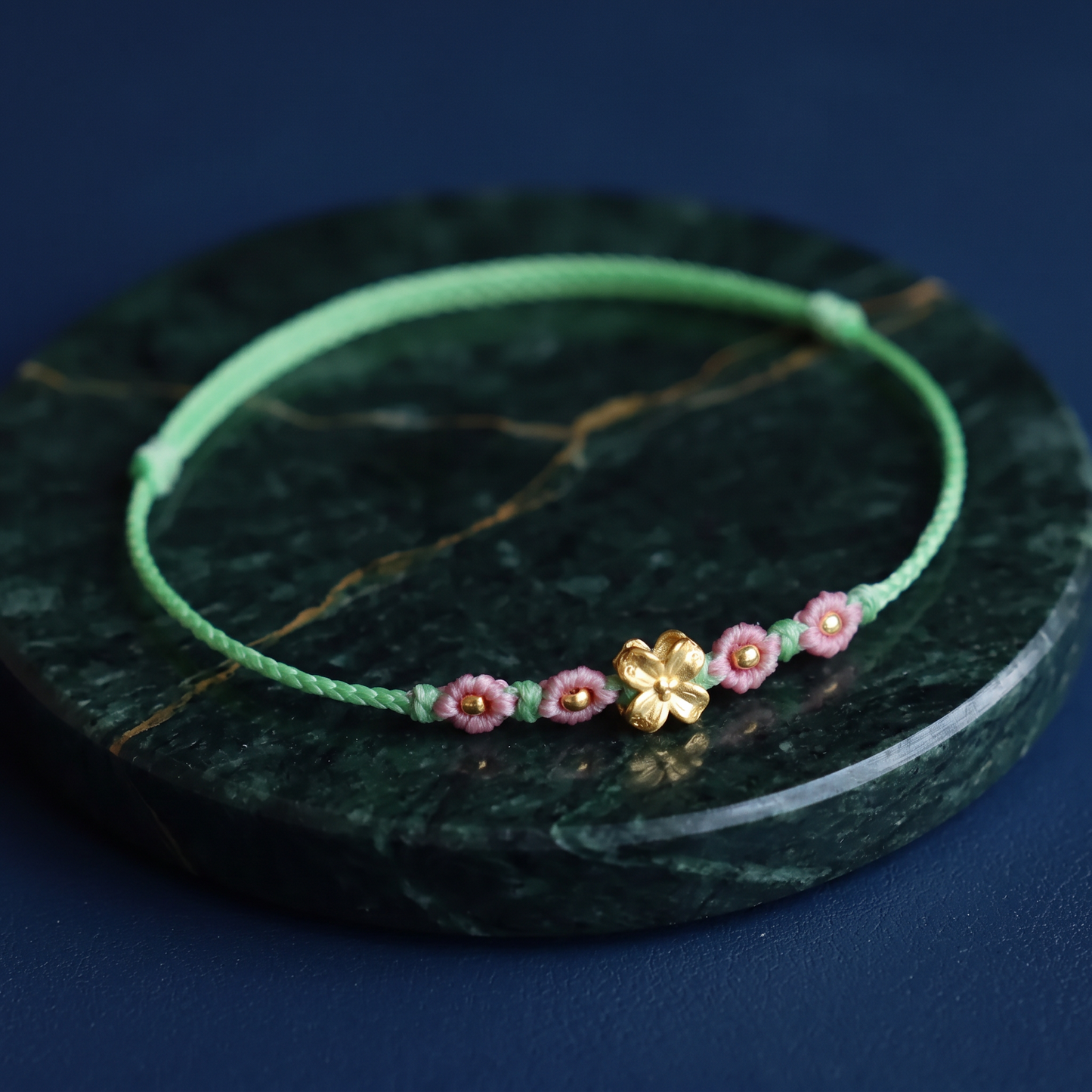 24K Fine Gold Colorful Flower Charm Ultra-Fine Adjustable Cord Bracelet