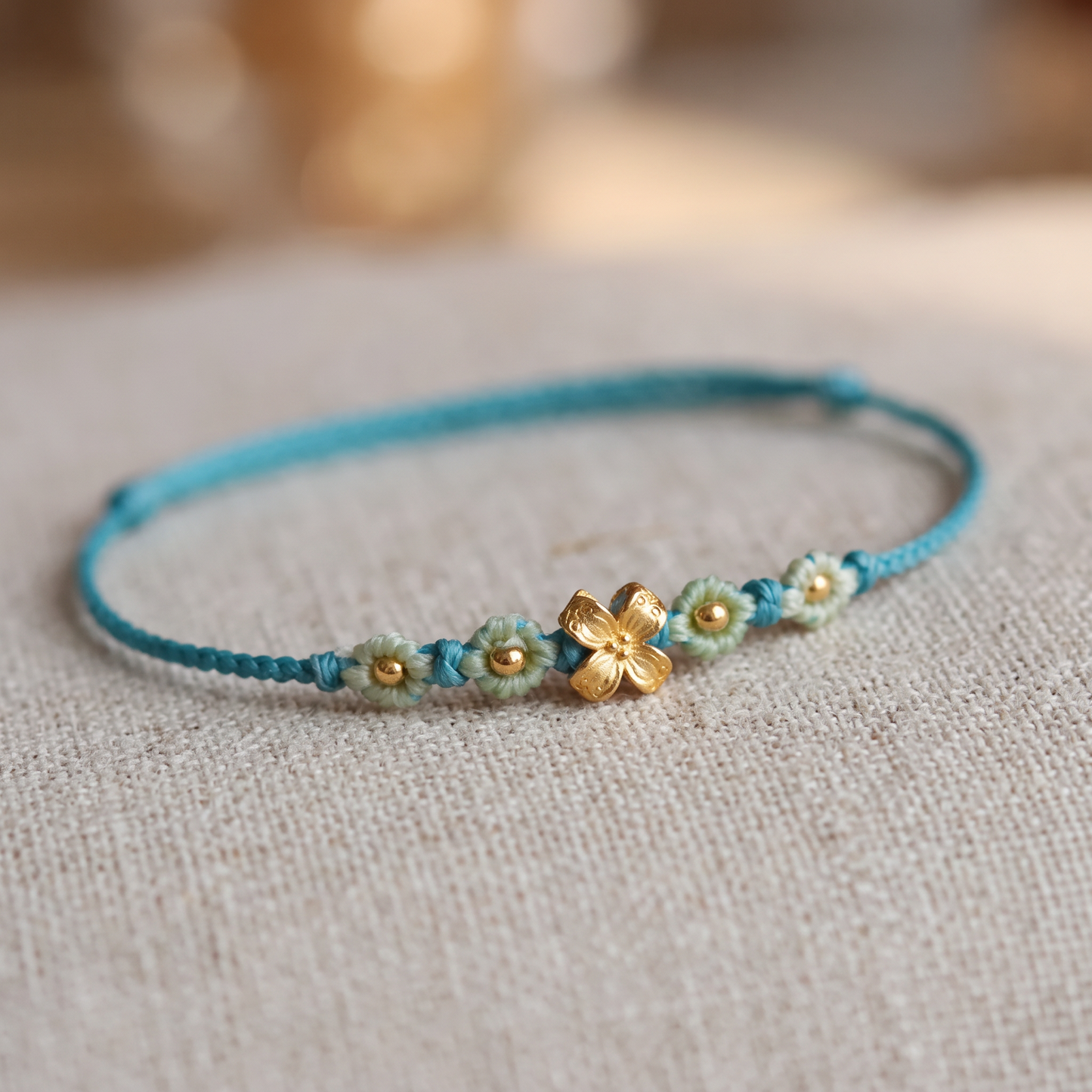 24K Fine Gold Colorful Flower Charm Ultra-Fine Adjustable Cord Bracelet