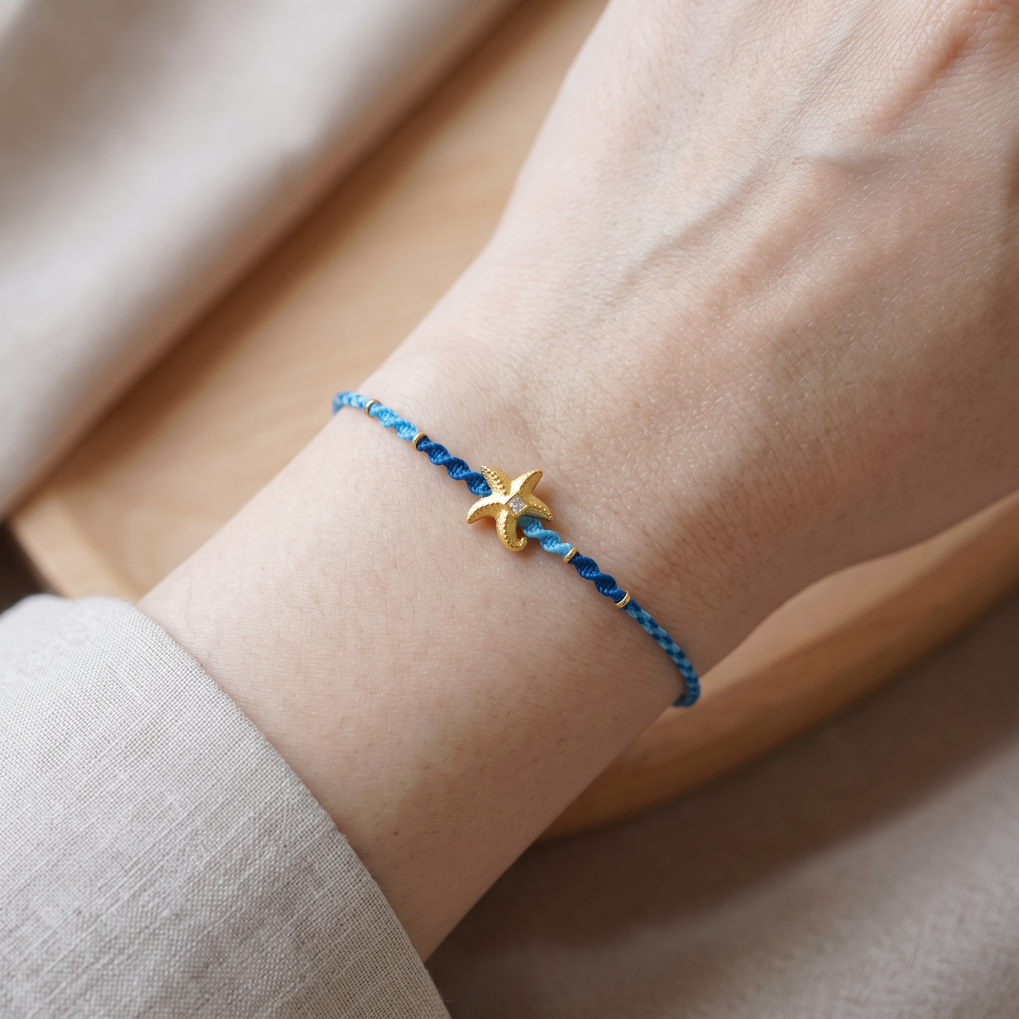 24K Gold Sea Star Zircon Charm with Cord Braided Adjustable Bracelet