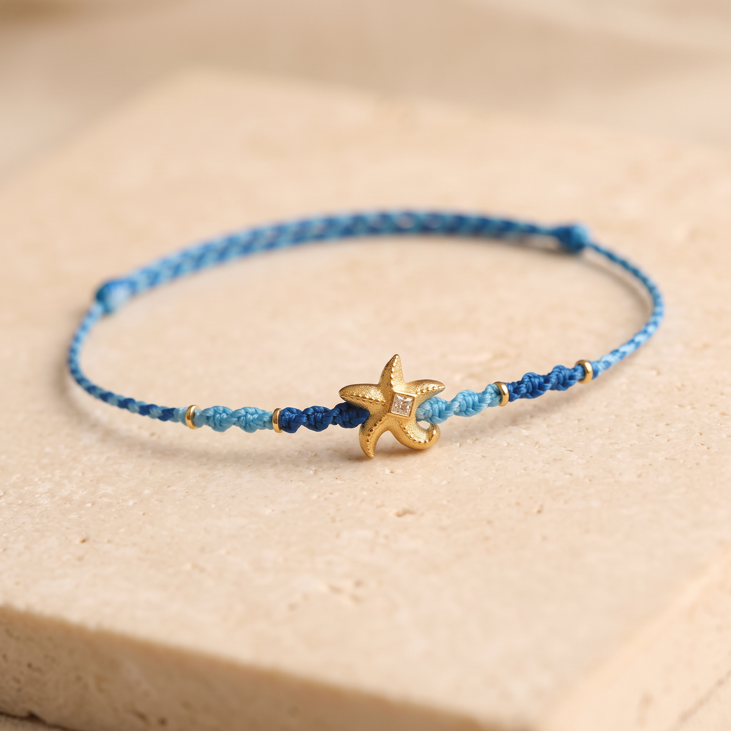 24K Gold Sea Star Zircon Charm with Cord Braided Adjustable Bracelet