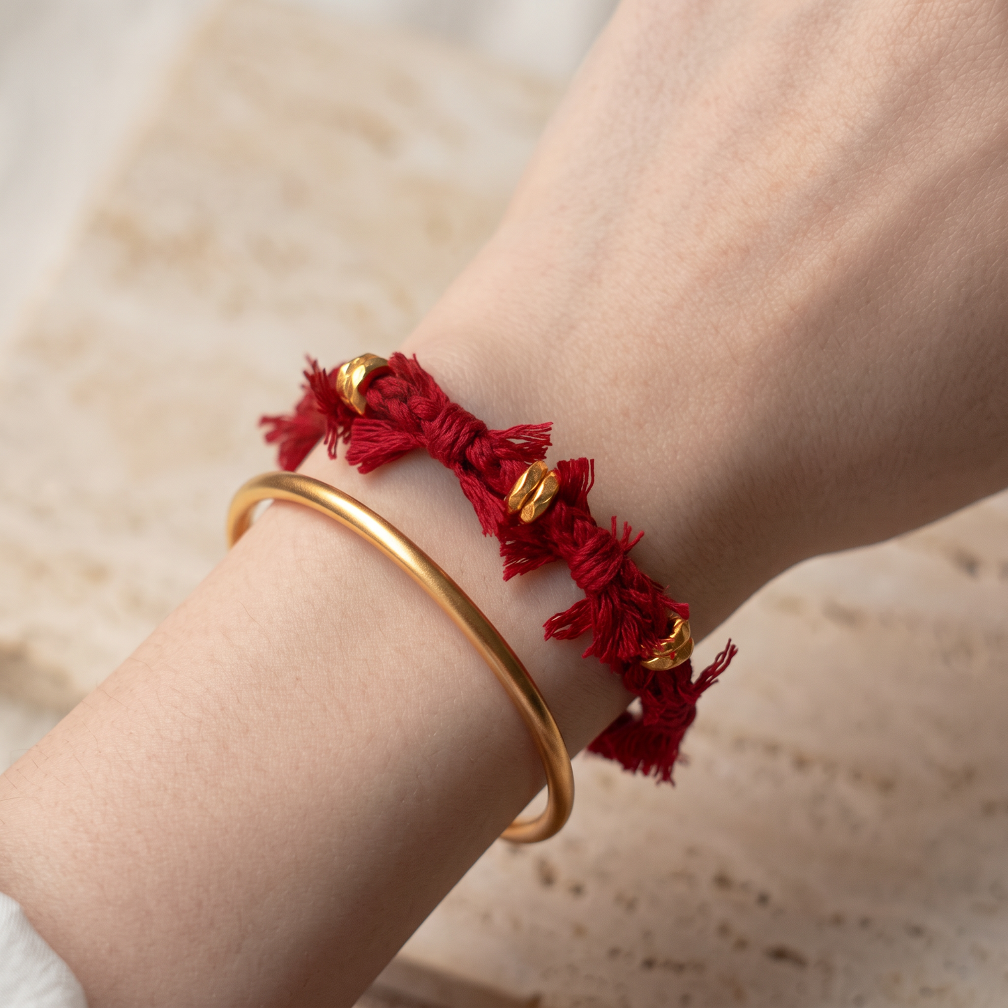 24k Fine 999 Gold Fortune Beads Tibetan-Inspired Handwoven Cord Bracelet