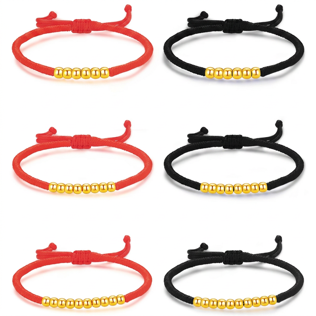 24K 999 Gold Minimal Lucky Beads Weaving Cord Adjustable Bracelet