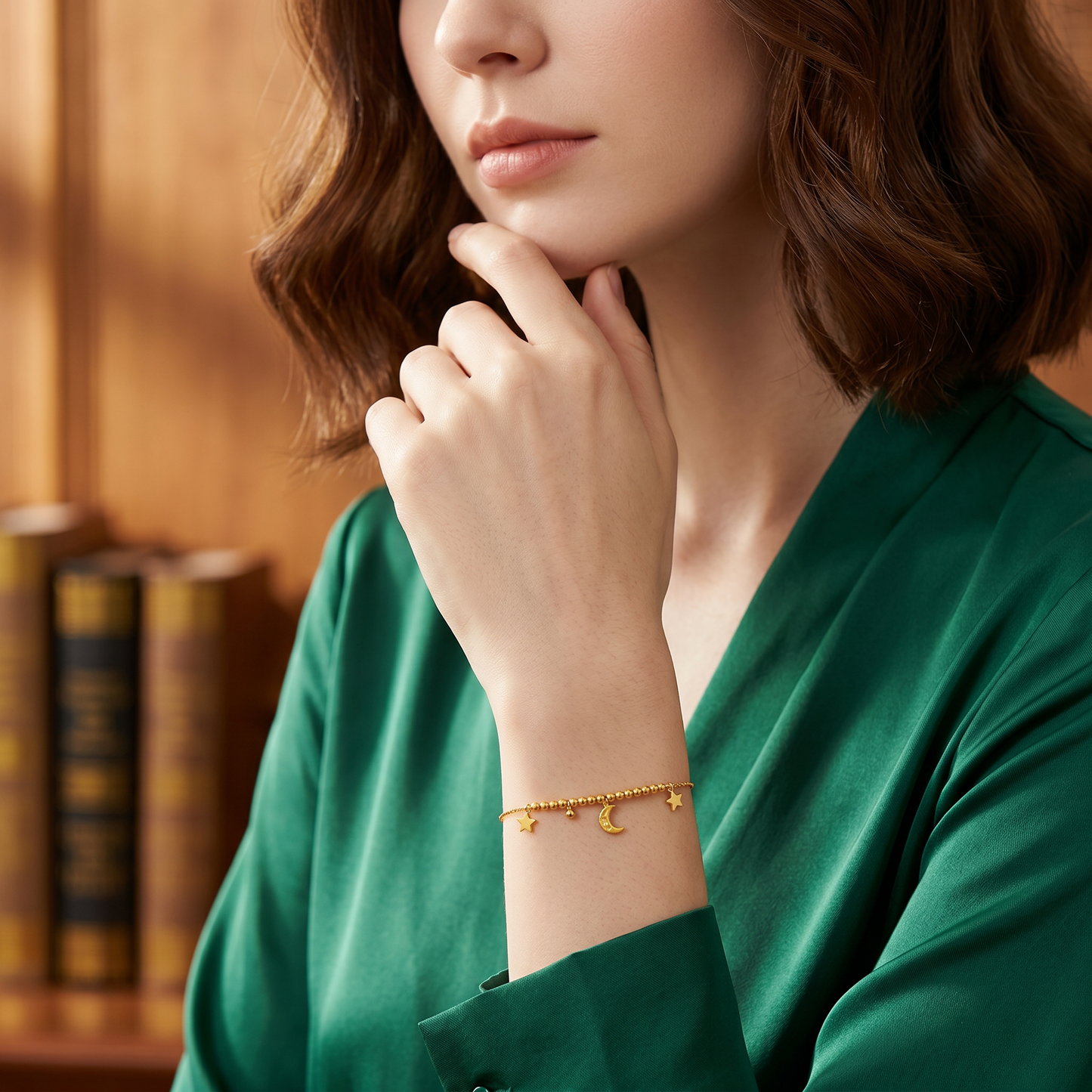 18K Gold Star Beads Moon Charms Chain Bracelet