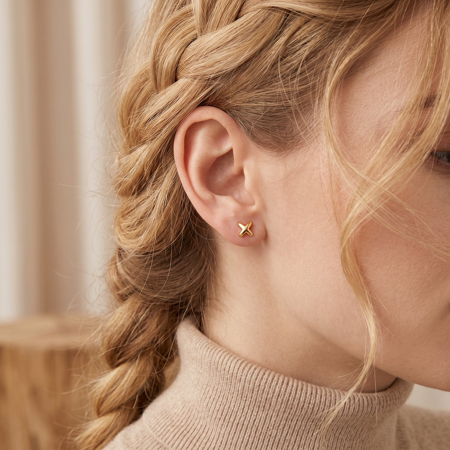 18K Fine Gold Cross Minimal Style Stud Earrings