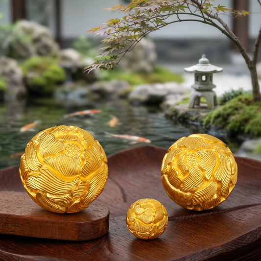 24K 999 Solid Gold Peony Flower Spacer Round Beads D.I.Y Charm