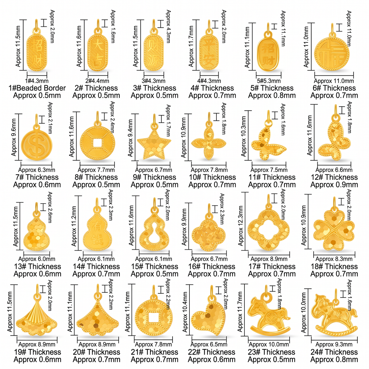 24k 999 Gold Mini Charm D.I.Y Fish Scale Shinning Gourd Star Clover Charms
