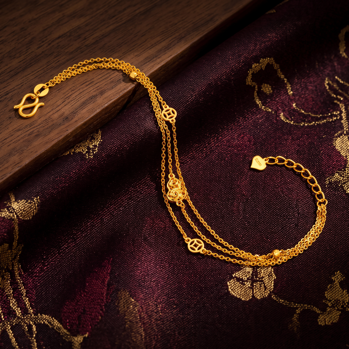 24K 999 Gold Gourd and Coins Charm Chain Bracelet