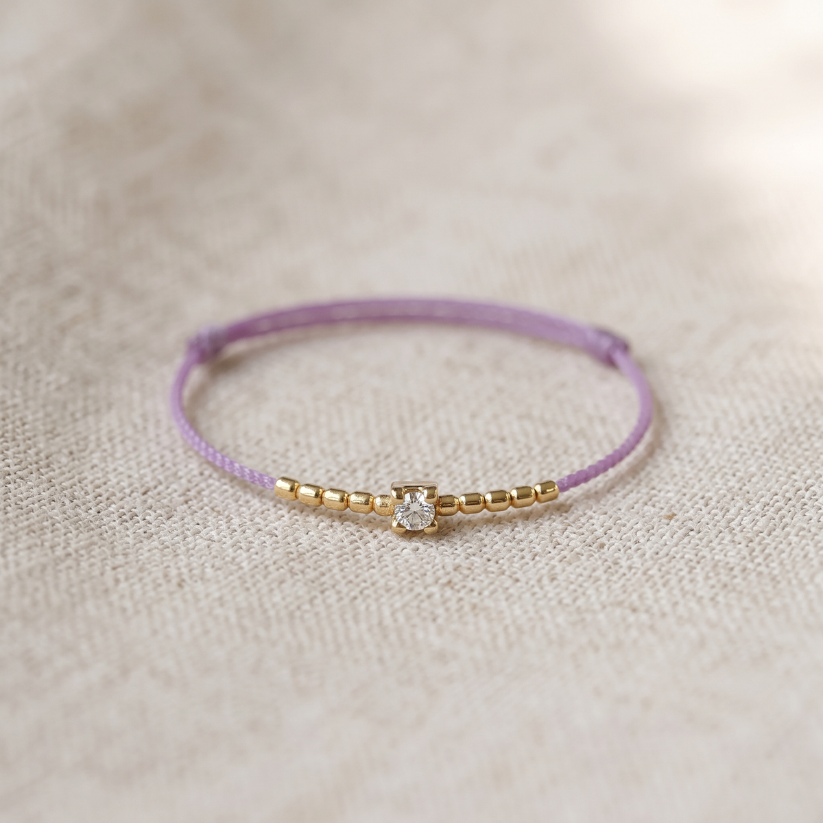 18K Gold Beads with Natural Diamond Thin Adjustable Cord Ring