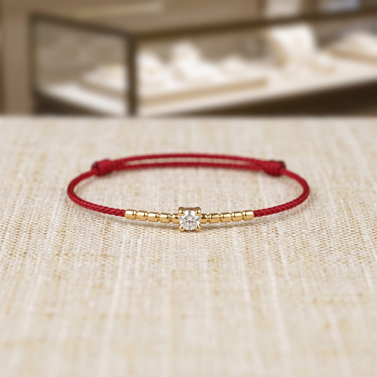 18K Gold Beads with Natural Diamond Thin Adjustable Cord Ring
