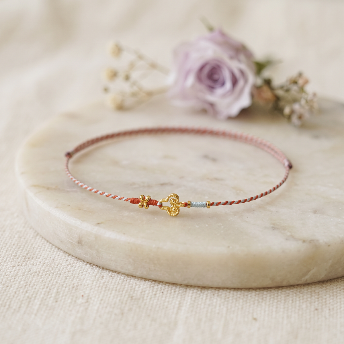 24k 999 Gold Ruyi Luck Charm Ultra Thin Cord Adjustable Unisex Bracelet