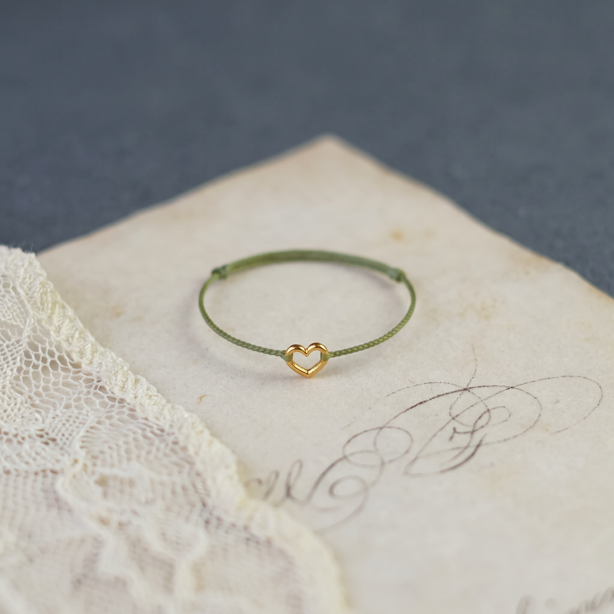 24K Gold Heart Charm Thin Adjustable Cord Love Ring