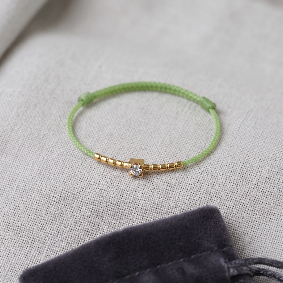 18K Gold Beads with Natural Diamond Thin Adjustable Cord Ring