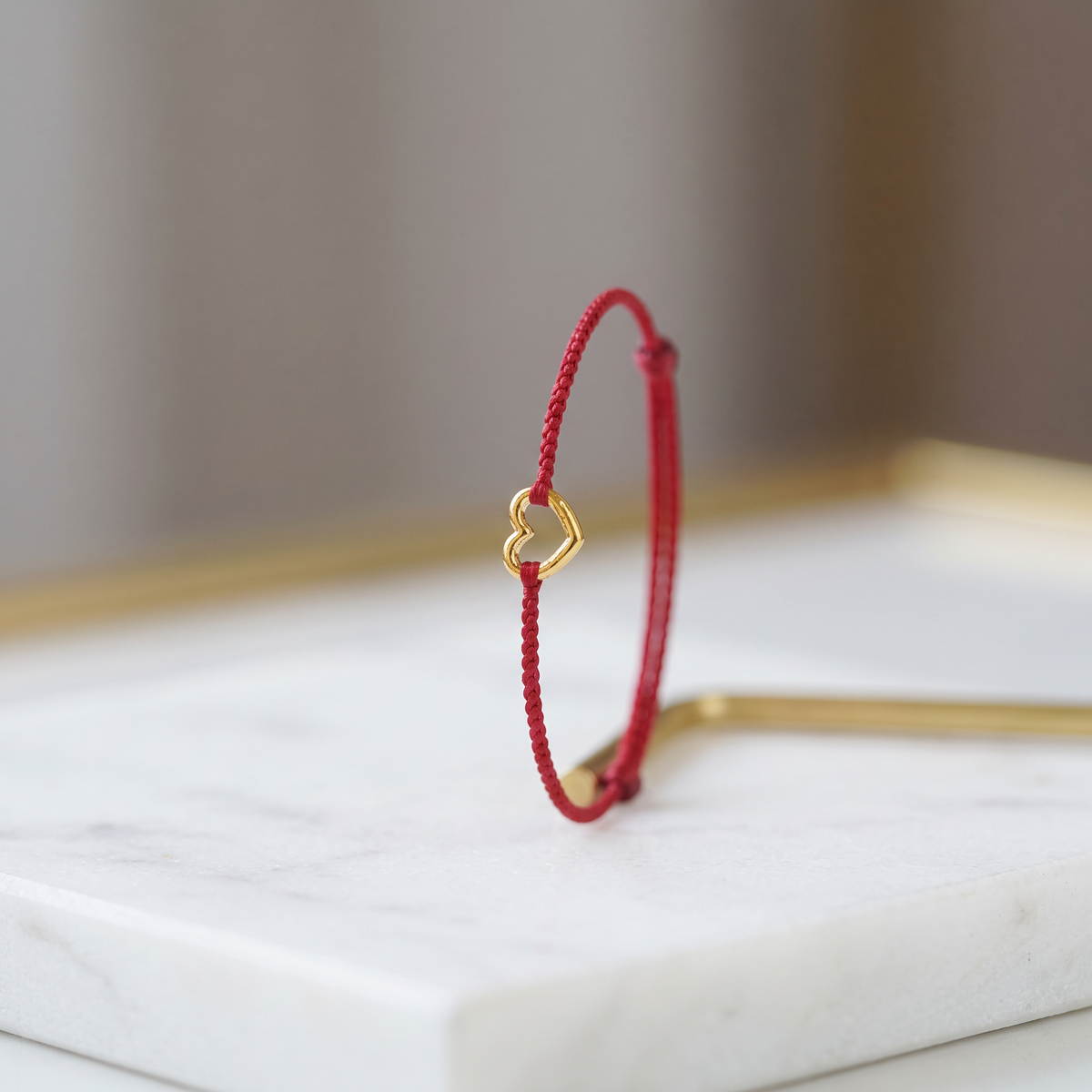 24K Gold Heart Charm Thin Adjustable Cord Love Ring