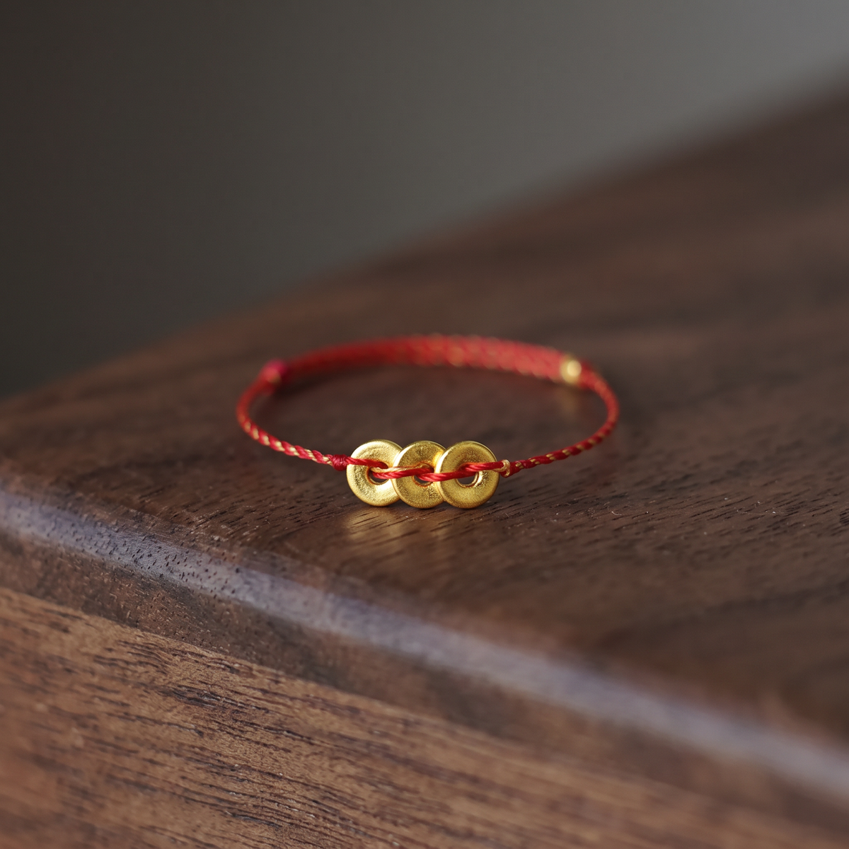 24K Gold Chinese Coin Charm Thin Adjustable Cord Wealth Luck Ring