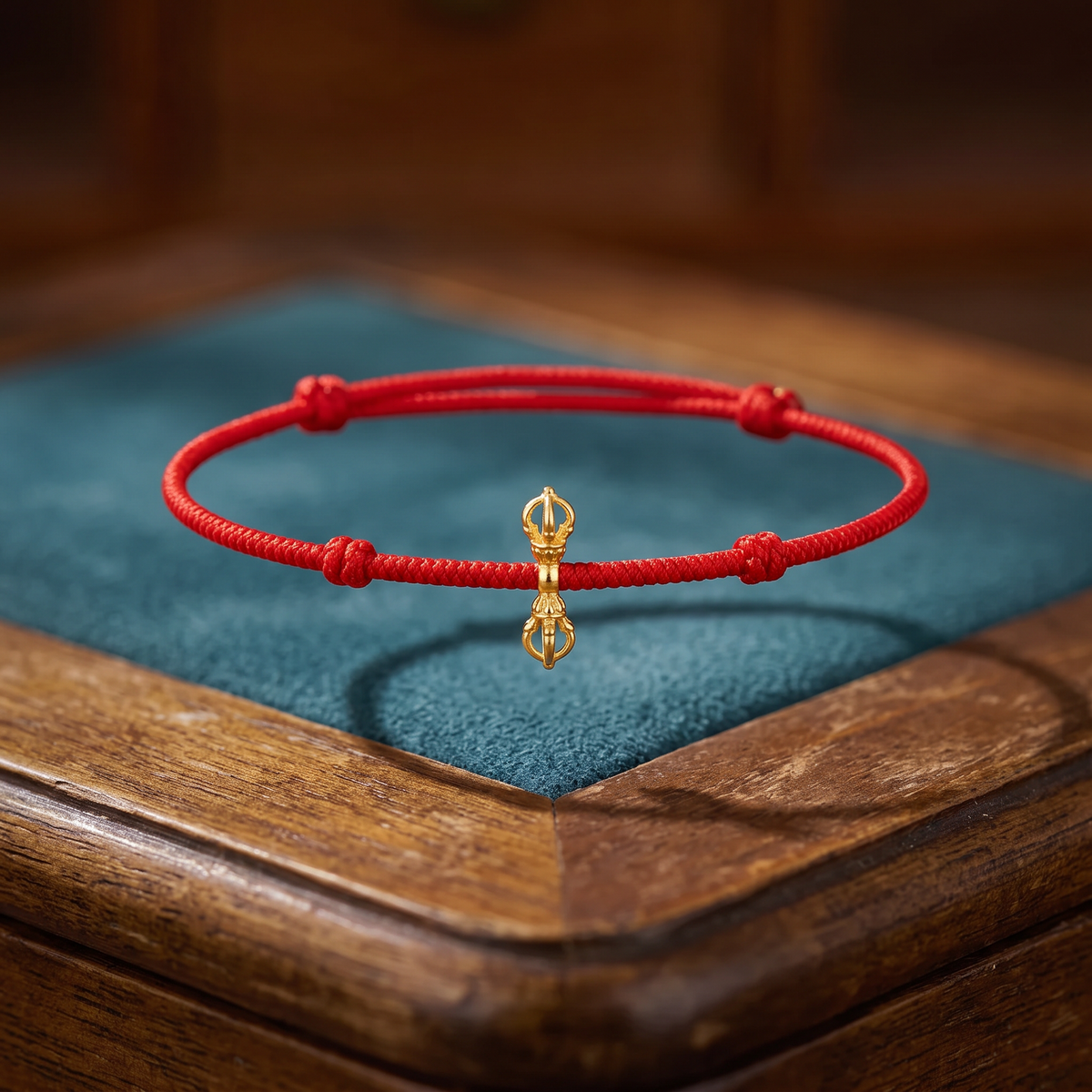 18K Gold Vajra Knot Charm Red Cord Adjustable Luck Unisex Bracelet
