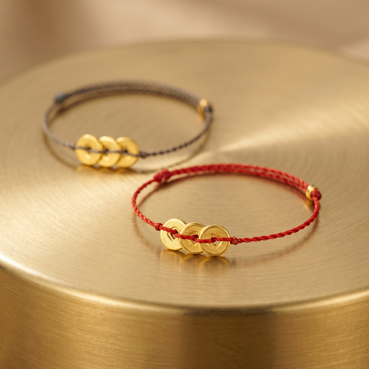 24K Gold Chinese Coin Charm Thin Adjustable Cord Wealth Luck Ring