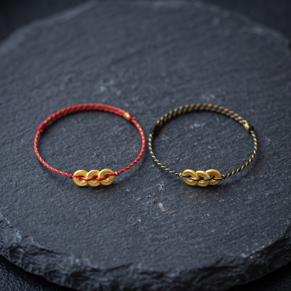 24K Gold Chinese Coin Charm Thin Adjustable Cord Wealth Luck Ring