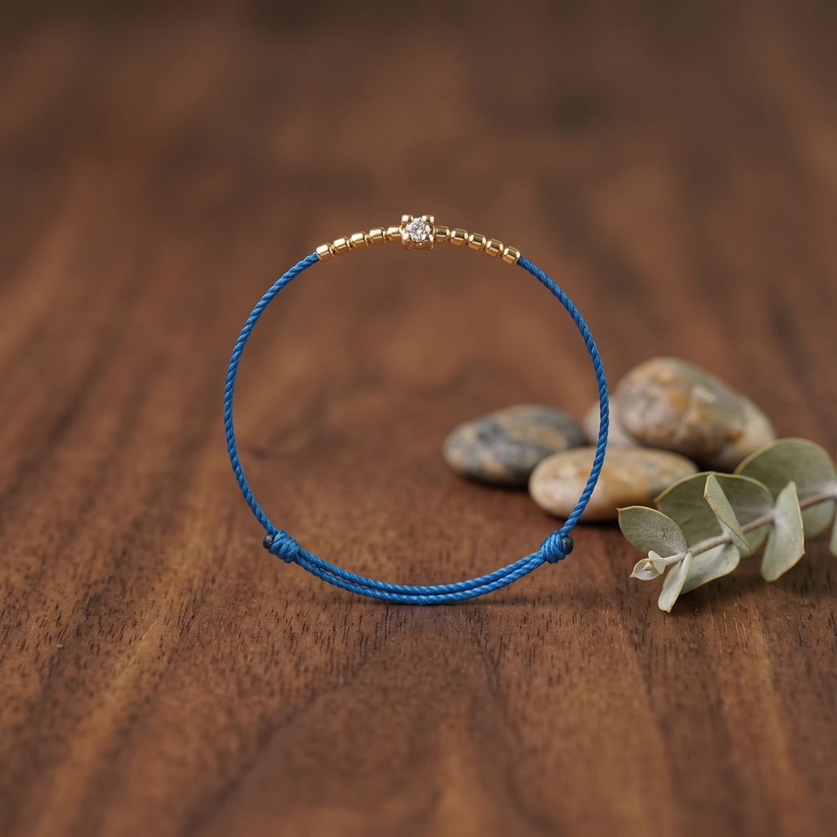18K Gold Beads with Natural Diamond Thin Adjustable Cord Ring