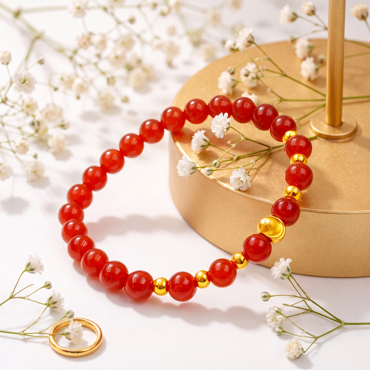 24K 999 Fine Gold Cat's Eye Beads Bracelet Pearl Agate Beads Gift for Girlfriend Wife or Best Friend Birthday