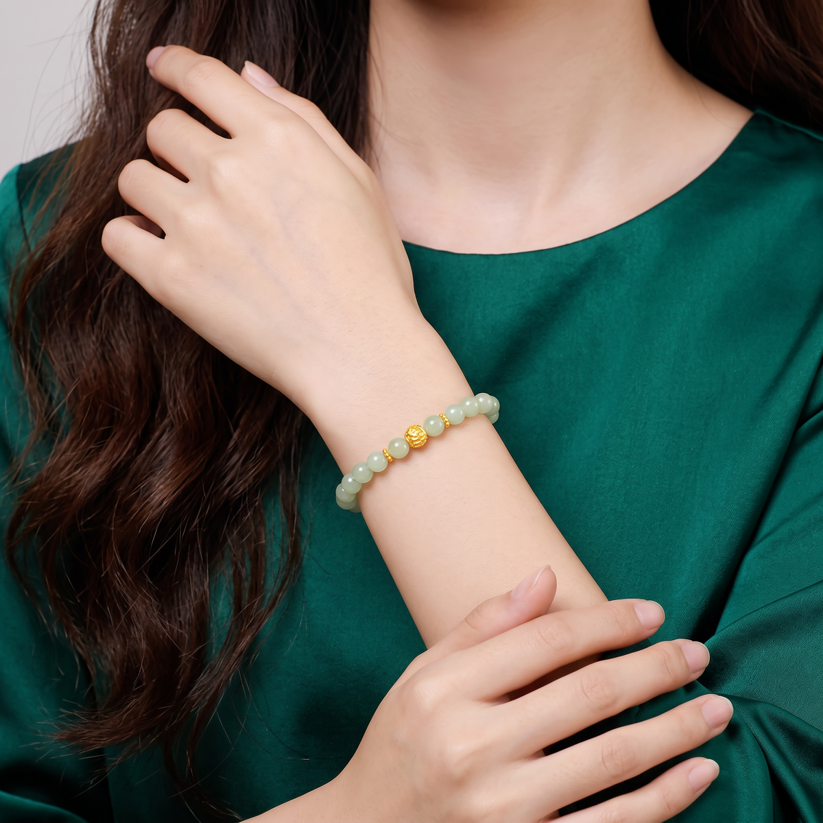 24K 999 Gold Coin Charm with Jade Beads Elastic Bracelet
