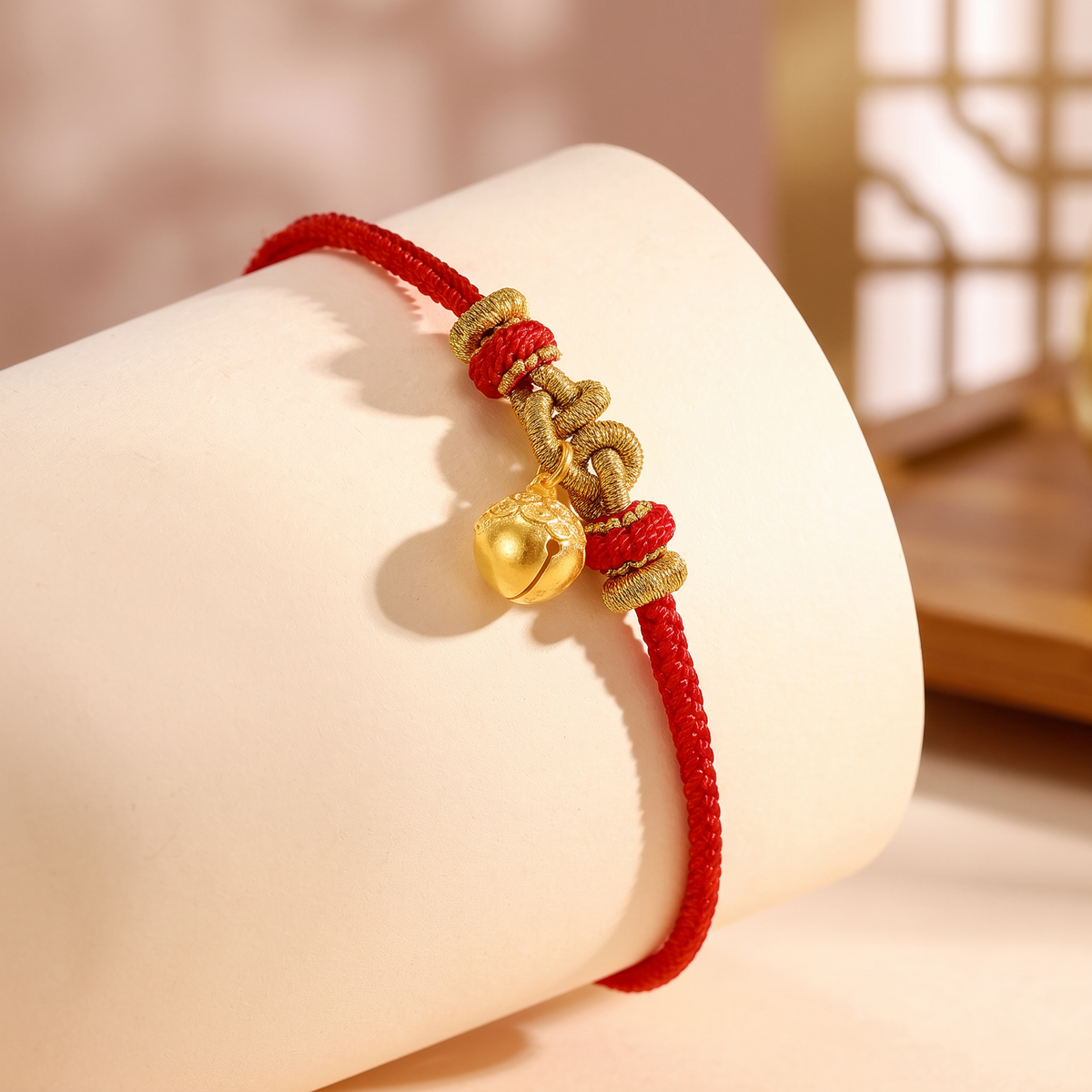 24k 999 Gold Bell Charm Woven Adjustable Bracelet