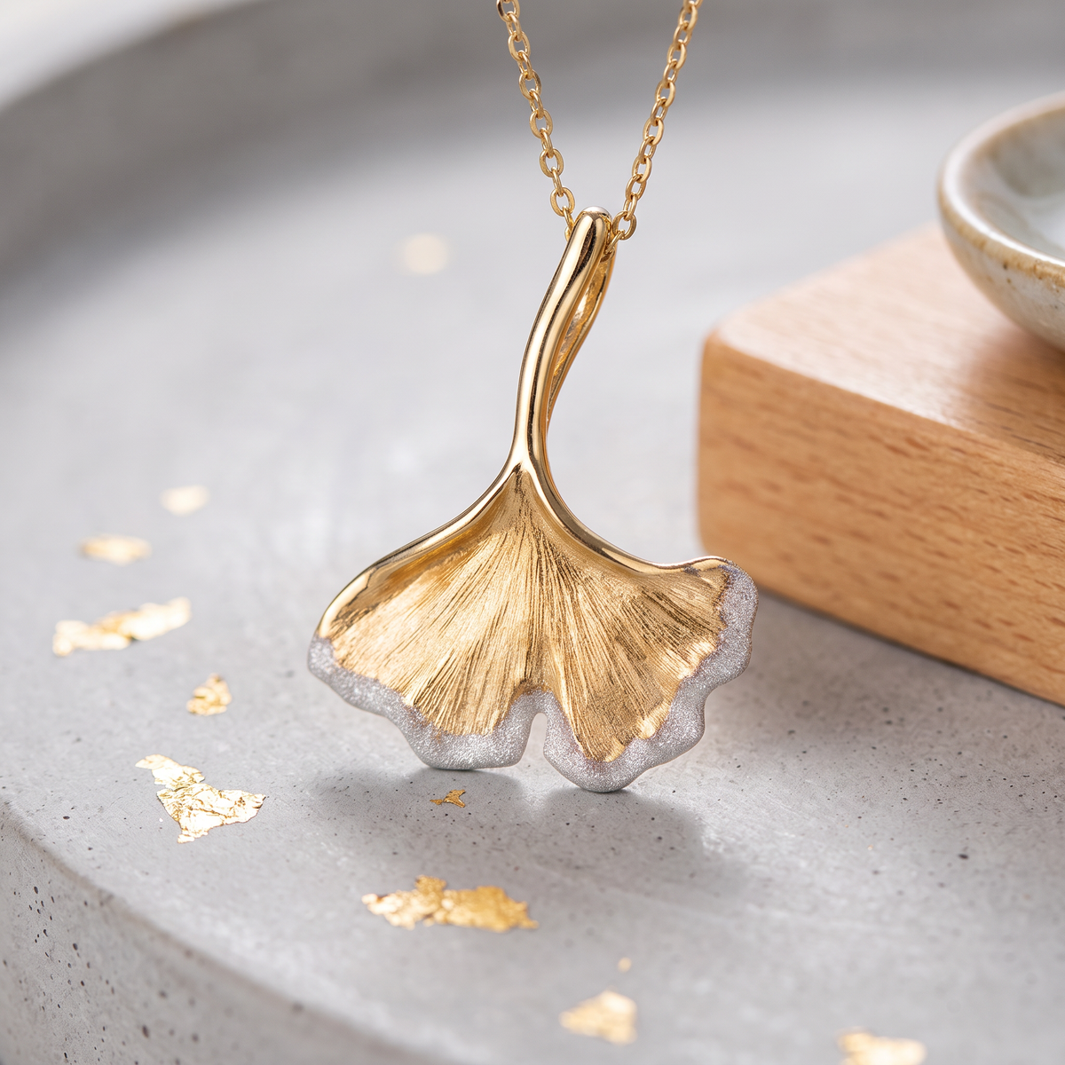 18K Gold White Gold Two-Tone Ginkgo Leaf Pendant Diamond Unique Design for Holiday Christmas