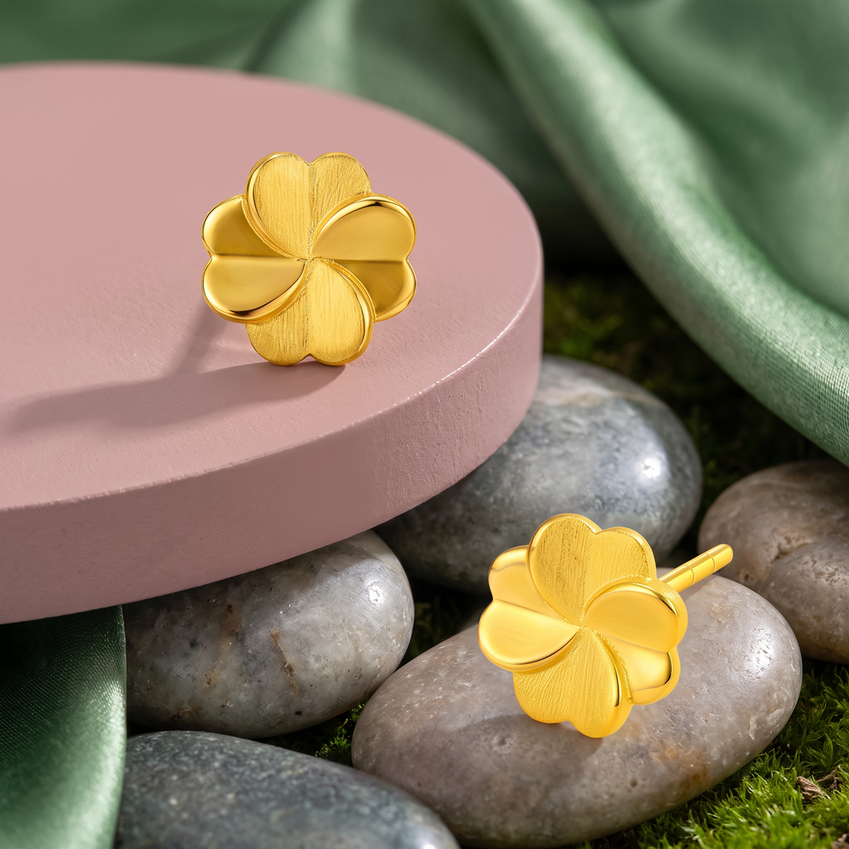 24K Gold Lucky Clover Stud Earrings