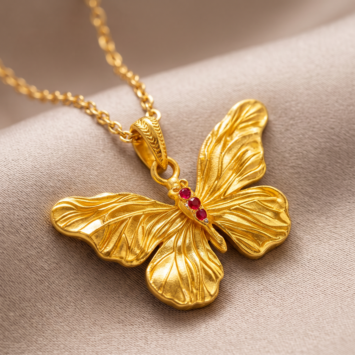 24k 999 Fine Gold Vintage Style Butterfly Emerald Moissanite Pendant