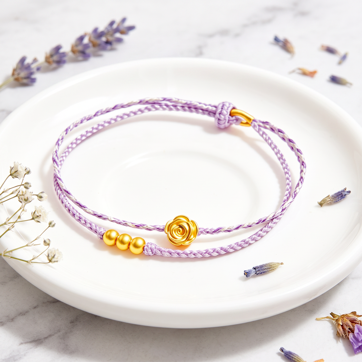 24K 999 Gold Rose Flower Charm Romantic Beads Cord Bracelet