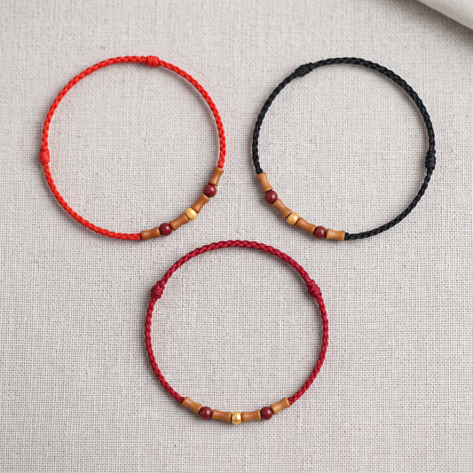 24k 999 Gold Bead Cord Peach Wood Bamboo Joint Unisex Bracelet and Anklet