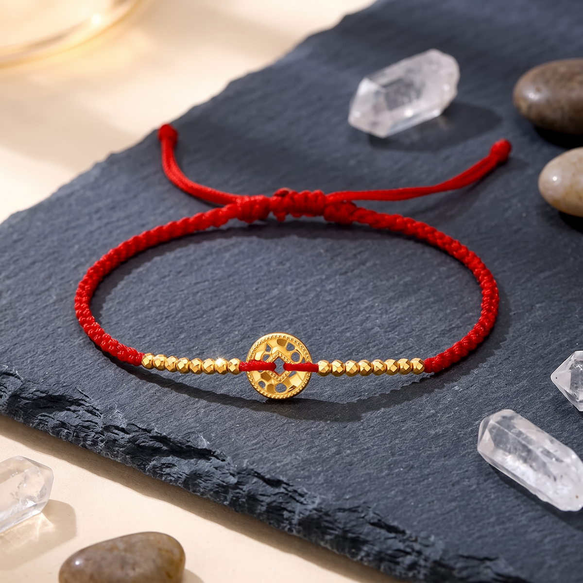 24K Gold Chinese Coin Beads Luxurious Adjustable Cord Bracelet